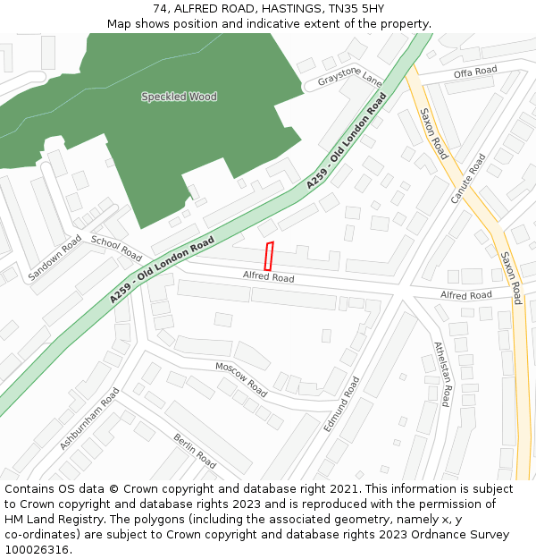 74, ALFRED ROAD, HASTINGS, TN35 5HY: Location map and indicative extent of plot