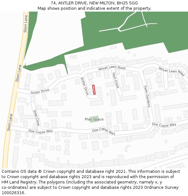 74, ANTLER DRIVE, NEW MILTON, BH25 5GG: Location map and indicative extent of plot