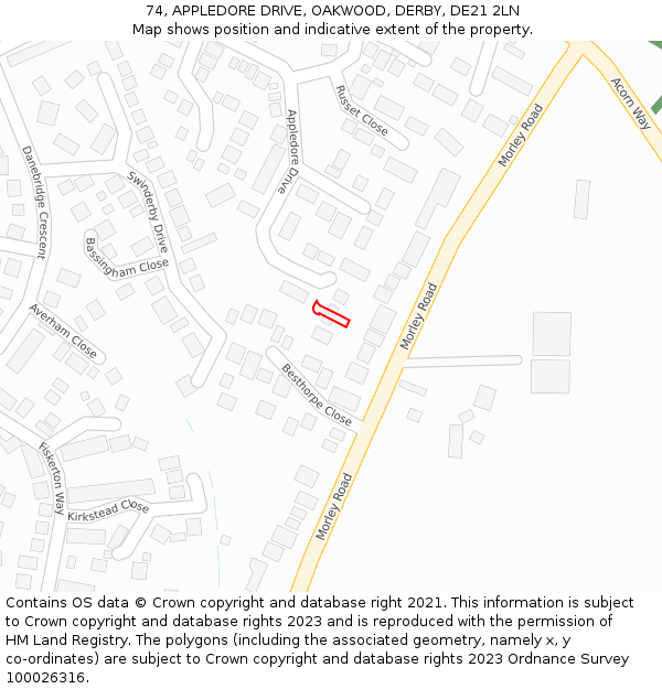 74, APPLEDORE DRIVE, OAKWOOD, DERBY, DE21 2LN: Location map and indicative extent of plot