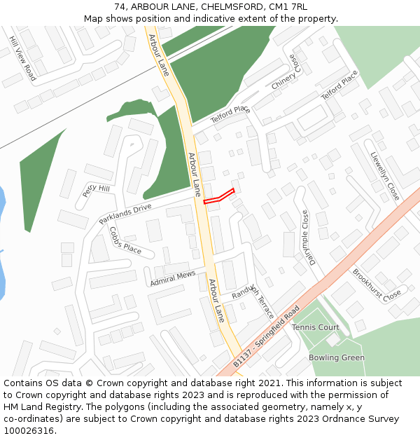 74, ARBOUR LANE, CHELMSFORD, CM1 7RL: Location map and indicative extent of plot