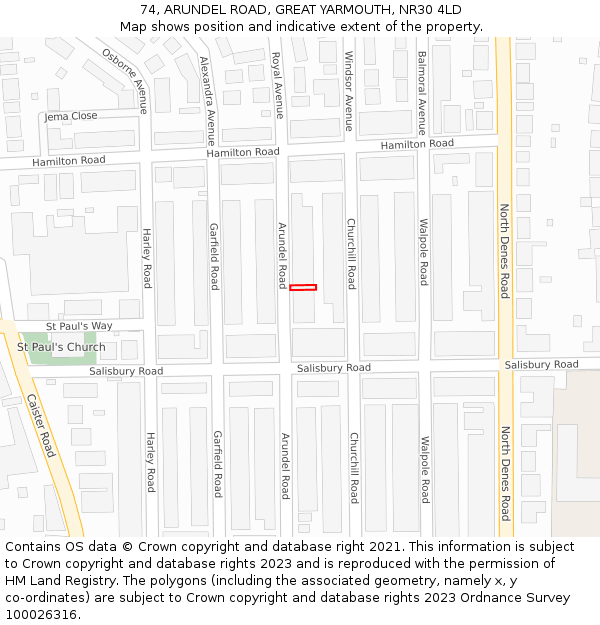 74, ARUNDEL ROAD, GREAT YARMOUTH, NR30 4LD: Location map and indicative extent of plot