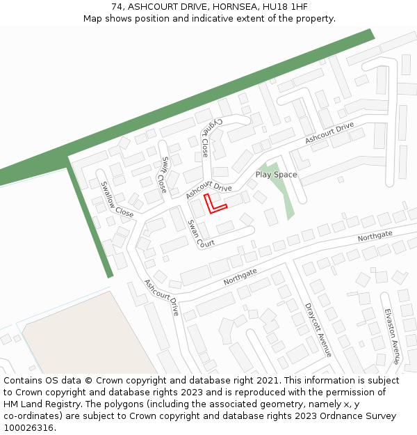 74, ASHCOURT DRIVE, HORNSEA, HU18 1HF: Location map and indicative extent of plot