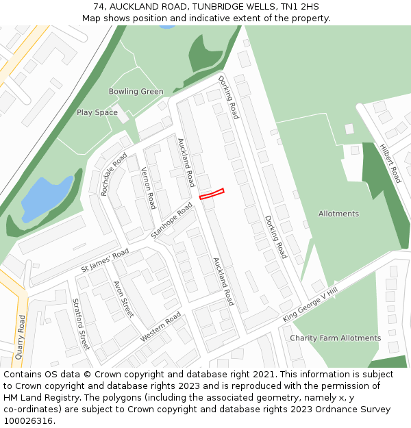 74, AUCKLAND ROAD, TUNBRIDGE WELLS, TN1 2HS: Location map and indicative extent of plot