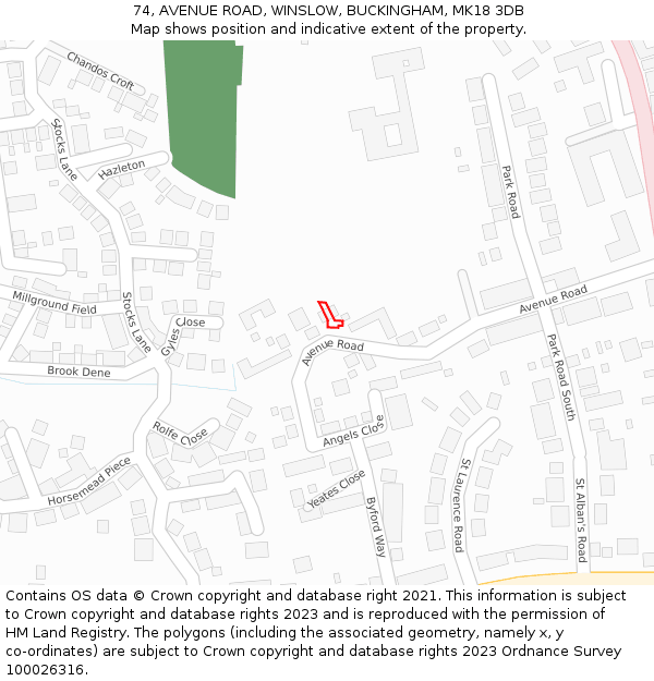74, AVENUE ROAD, WINSLOW, BUCKINGHAM, MK18 3DB: Location map and indicative extent of plot
