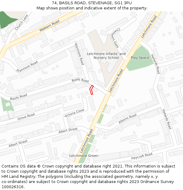 74, BASILS ROAD, STEVENAGE, SG1 3PU: Location map and indicative extent of plot