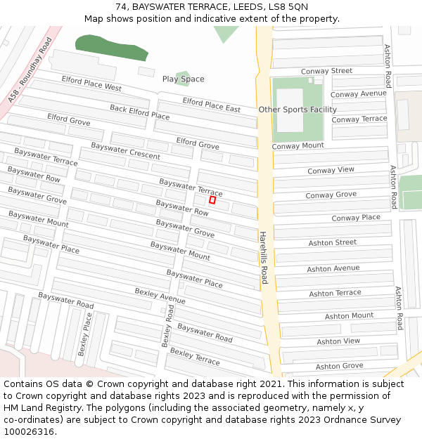 74, BAYSWATER TERRACE, LEEDS, LS8 5QN: Location map and indicative extent of plot