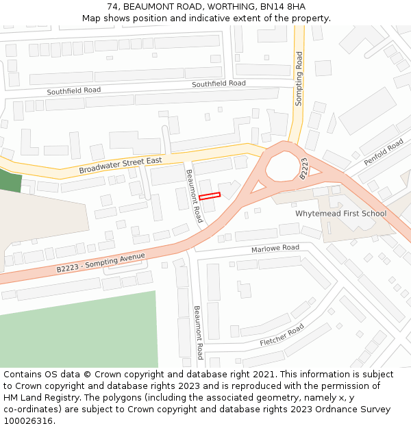 74, BEAUMONT ROAD, WORTHING, BN14 8HA: Location map and indicative extent of plot