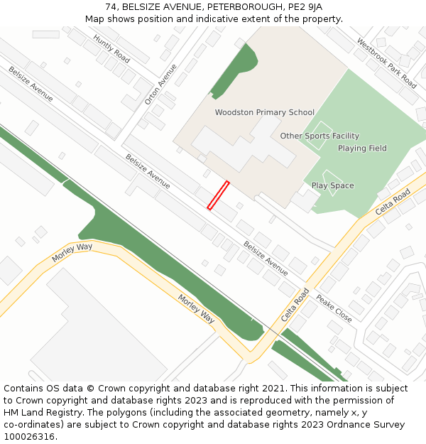 74, BELSIZE AVENUE, PETERBOROUGH, PE2 9JA: Location map and indicative extent of plot