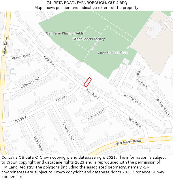 74, BETA ROAD, FARNBOROUGH, GU14 8PQ: Location map and indicative extent of plot