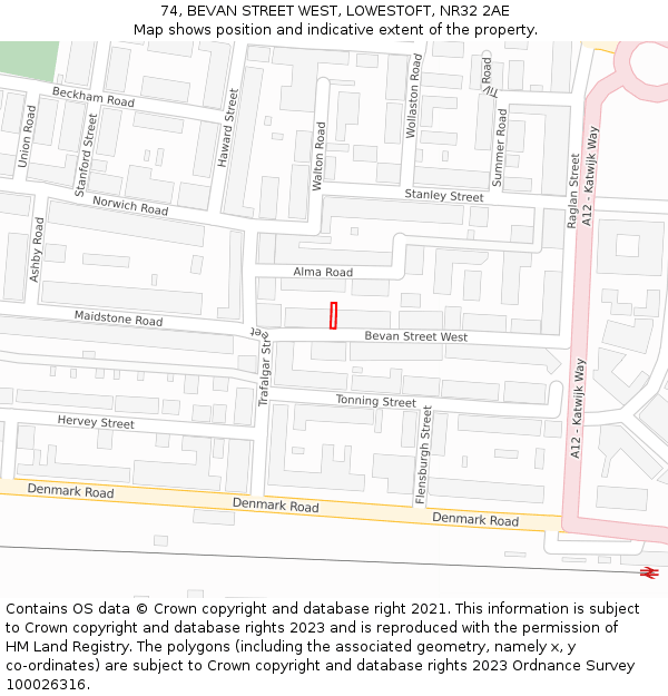 74, BEVAN STREET WEST, LOWESTOFT, NR32 2AE: Location map and indicative extent of plot
