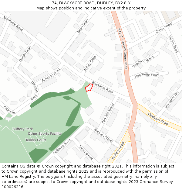 74, BLACKACRE ROAD, DUDLEY, DY2 8LY: Location map and indicative extent of plot