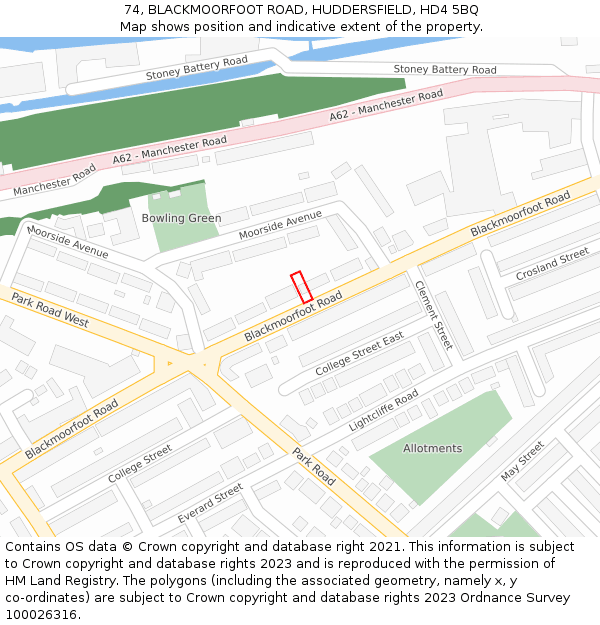 74, BLACKMOORFOOT ROAD, HUDDERSFIELD, HD4 5BQ: Location map and indicative extent of plot