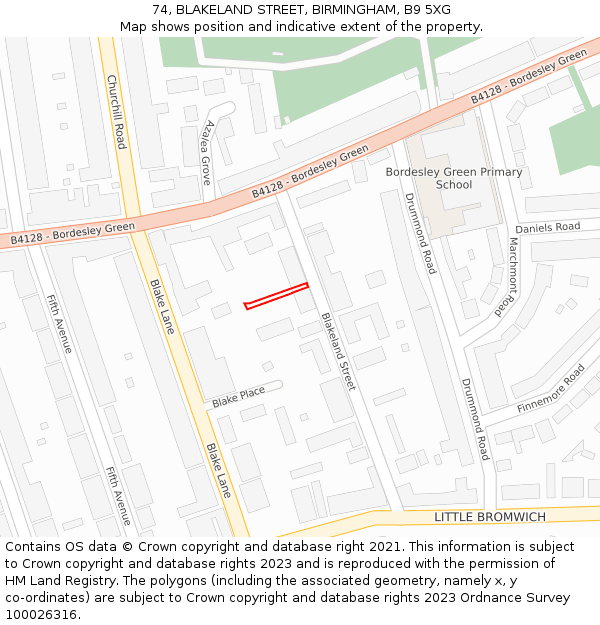 74, BLAKELAND STREET, BIRMINGHAM, B9 5XG: Location map and indicative extent of plot