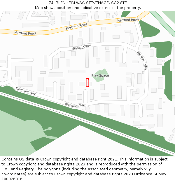 74, BLENHEIM WAY, STEVENAGE, SG2 8TE: Location map and indicative extent of plot