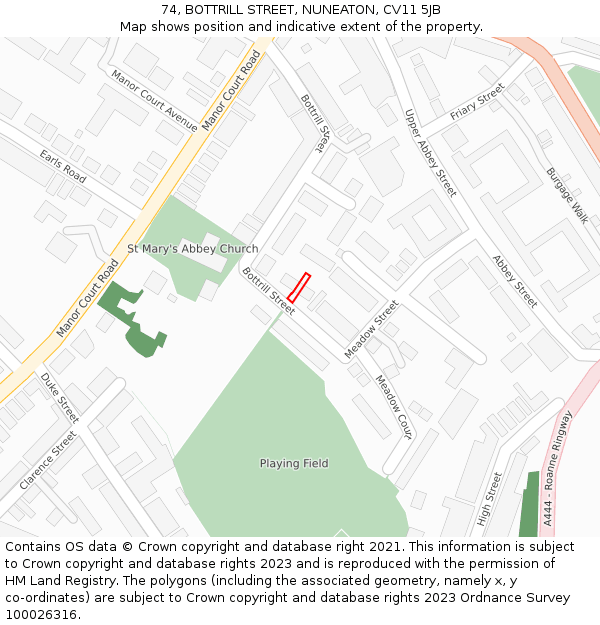 74, BOTTRILL STREET, NUNEATON, CV11 5JB: Location map and indicative extent of plot