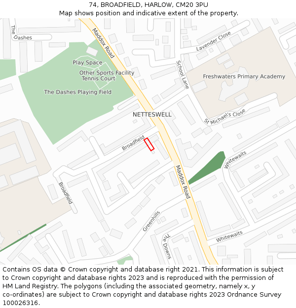 74, BROADFIELD, HARLOW, CM20 3PU: Location map and indicative extent of plot