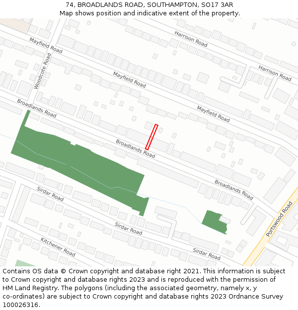 74, BROADLANDS ROAD, SOUTHAMPTON, SO17 3AR: Location map and indicative extent of plot
