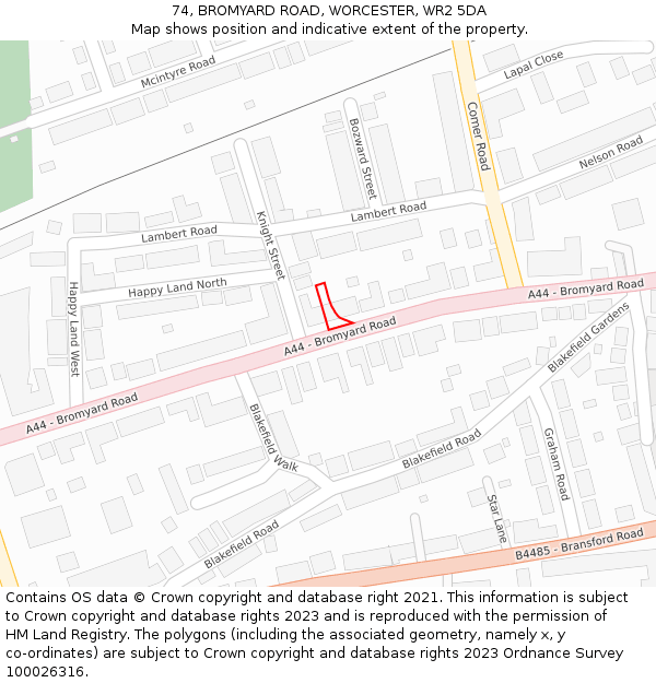 74, BROMYARD ROAD, WORCESTER, WR2 5DA: Location map and indicative extent of plot