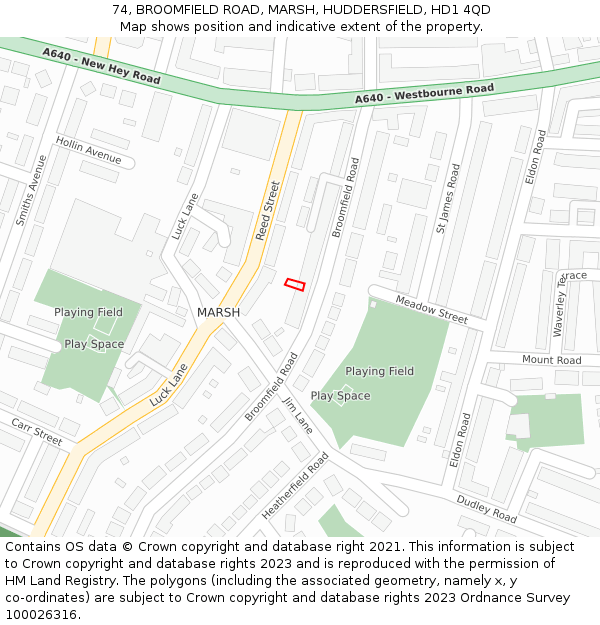 74, BROOMFIELD ROAD, MARSH, HUDDERSFIELD, HD1 4QD: Location map and indicative extent of plot