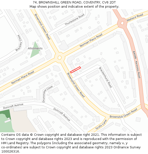74, BROWNSHILL GREEN ROAD, COVENTRY, CV6 2DT: Location map and indicative extent of plot
