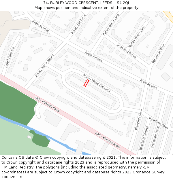 74, BURLEY WOOD CRESCENT, LEEDS, LS4 2QL: Location map and indicative extent of plot