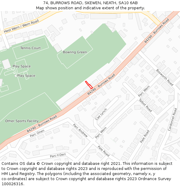 74, BURROWS ROAD, SKEWEN, NEATH, SA10 6AB: Location map and indicative extent of plot