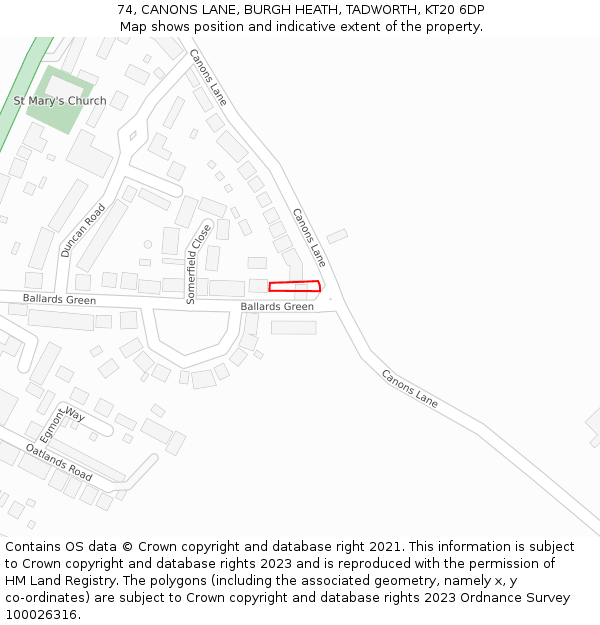 74, CANONS LANE, BURGH HEATH, TADWORTH, KT20 6DP: Location map and indicative extent of plot