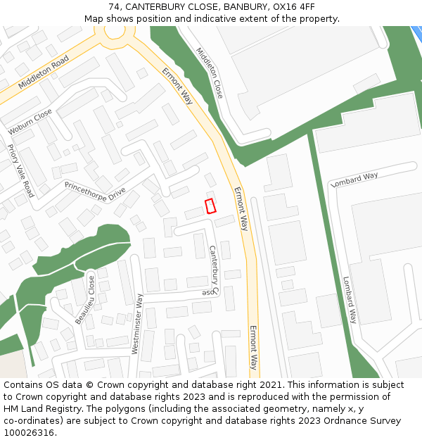74, CANTERBURY CLOSE, BANBURY, OX16 4FF: Location map and indicative extent of plot
