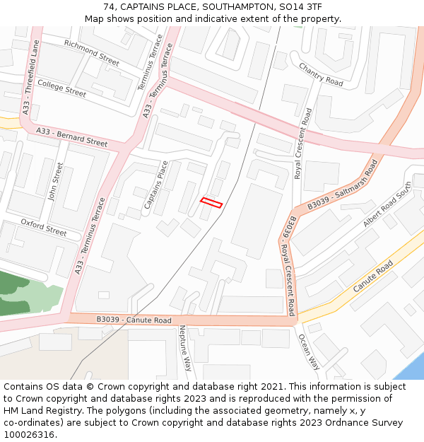 74, CAPTAINS PLACE, SOUTHAMPTON, SO14 3TF: Location map and indicative extent of plot