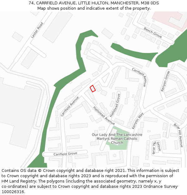 74, CARRFIELD AVENUE, LITTLE HULTON, MANCHESTER, M38 0DS: Location map and indicative extent of plot