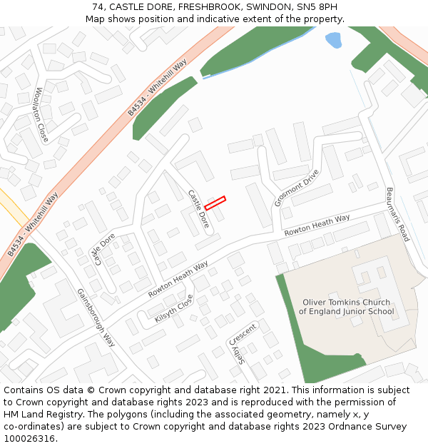 74, CASTLE DORE, FRESHBROOK, SWINDON, SN5 8PH: Location map and indicative extent of plot