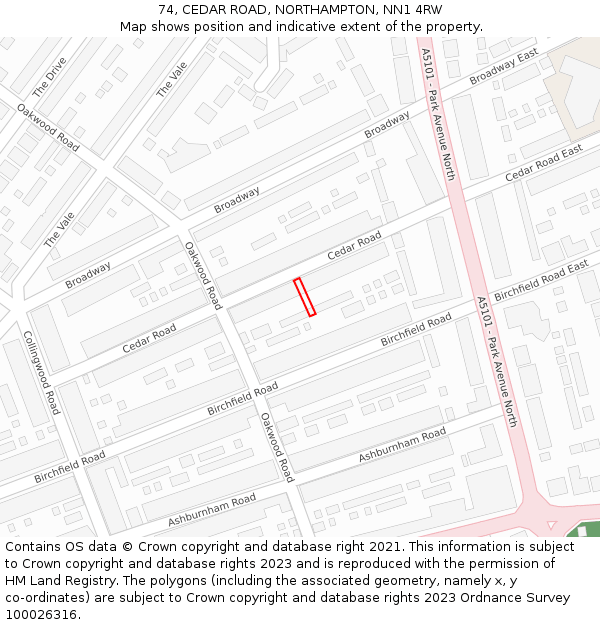 74, CEDAR ROAD, NORTHAMPTON, NN1 4RW: Location map and indicative extent of plot