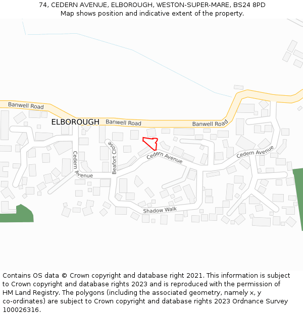 74, CEDERN AVENUE, ELBOROUGH, WESTON-SUPER-MARE, BS24 8PD: Location map and indicative extent of plot