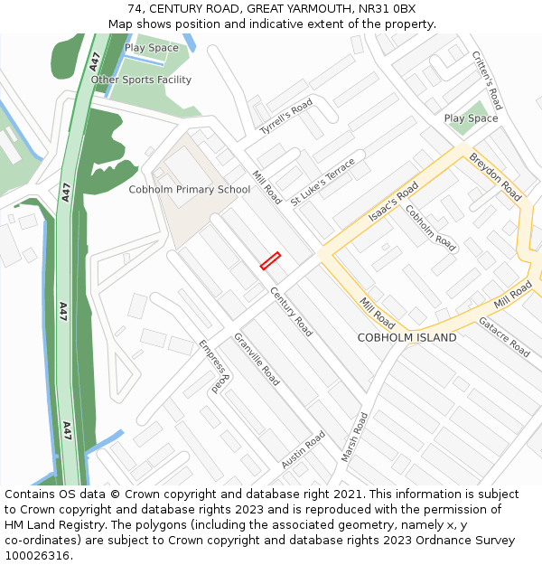 74, CENTURY ROAD, GREAT YARMOUTH, NR31 0BX: Location map and indicative extent of plot