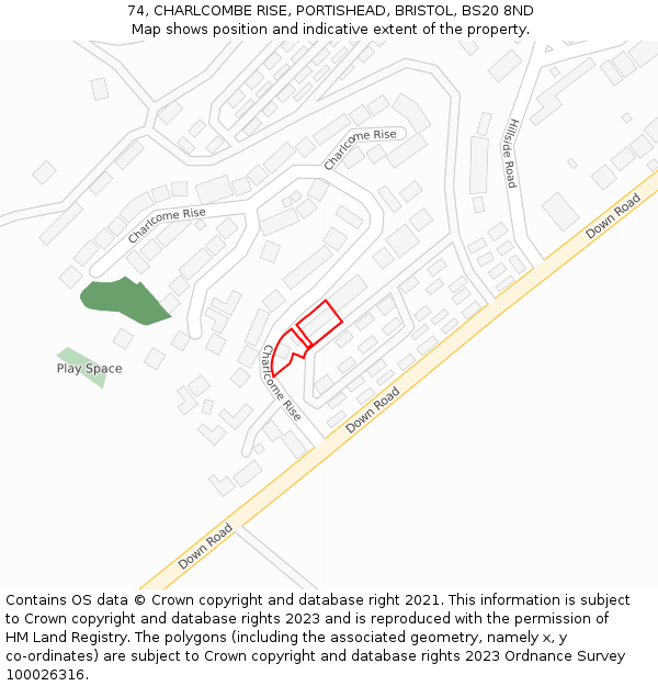 74, CHARLCOMBE RISE, PORTISHEAD, BRISTOL, BS20 8ND: Location map and indicative extent of plot