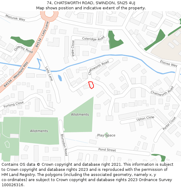 74, CHATSWORTH ROAD, SWINDON, SN25 4UJ: Location map and indicative extent of plot