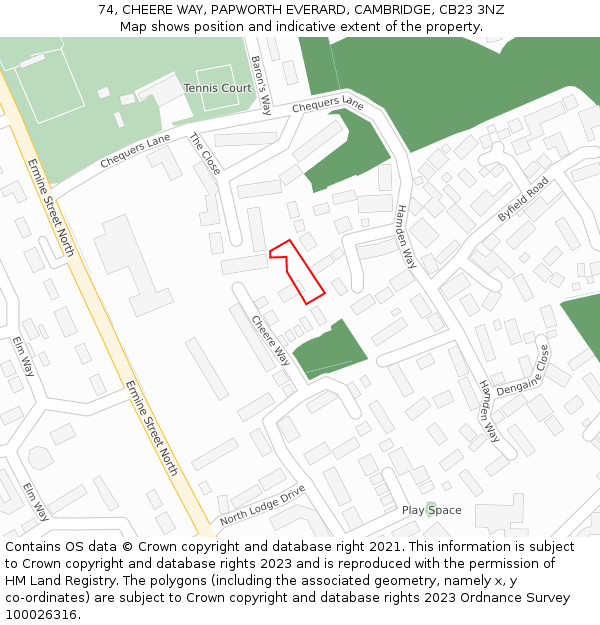 74, CHEERE WAY, PAPWORTH EVERARD, CAMBRIDGE, CB23 3NZ: Location map and indicative extent of plot