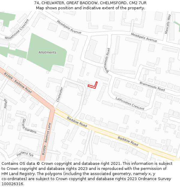 74, CHELWATER, GREAT BADDOW, CHELMSFORD, CM2 7UR: Location map and indicative extent of plot