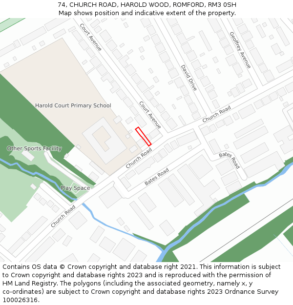 74, CHURCH ROAD, HAROLD WOOD, ROMFORD, RM3 0SH: Location map and indicative extent of plot