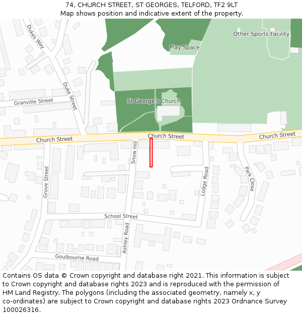 74, CHURCH STREET, ST GEORGES, TELFORD, TF2 9LT: Location map and indicative extent of plot
