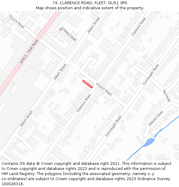 74, CLARENCE ROAD, FLEET, GU51 3RS: Location map and indicative extent of plot