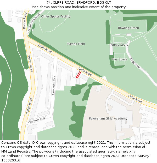 74, CLIFFE ROAD, BRADFORD, BD3 0LT: Location map and indicative extent of plot