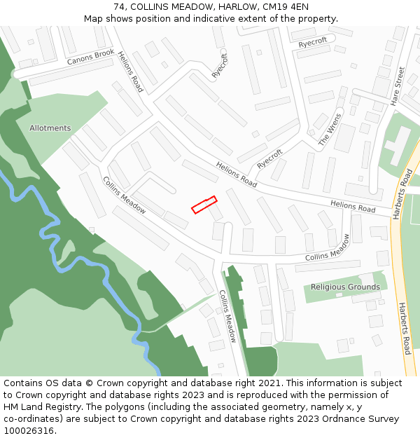 74, COLLINS MEADOW, HARLOW, CM19 4EN: Location map and indicative extent of plot
