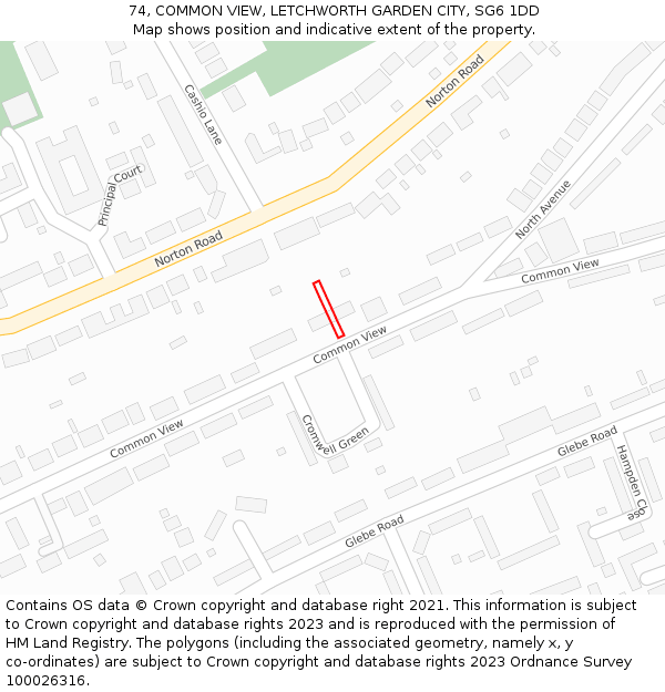 74, COMMON VIEW, LETCHWORTH GARDEN CITY, SG6 1DD: Location map and indicative extent of plot