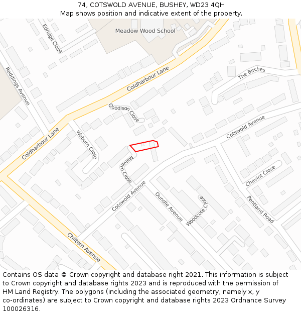 74, COTSWOLD AVENUE, BUSHEY, WD23 4QH: Location map and indicative extent of plot