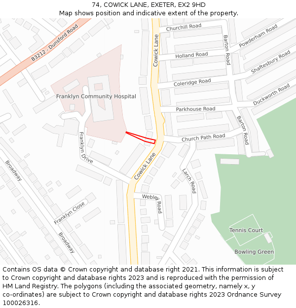 74, COWICK LANE, EXETER, EX2 9HD: Location map and indicative extent of plot