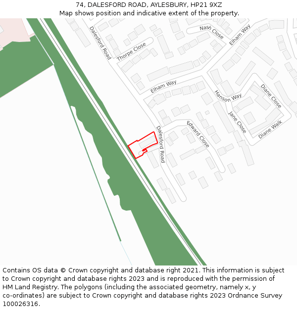 74, DALESFORD ROAD, AYLESBURY, HP21 9XZ: Location map and indicative extent of plot