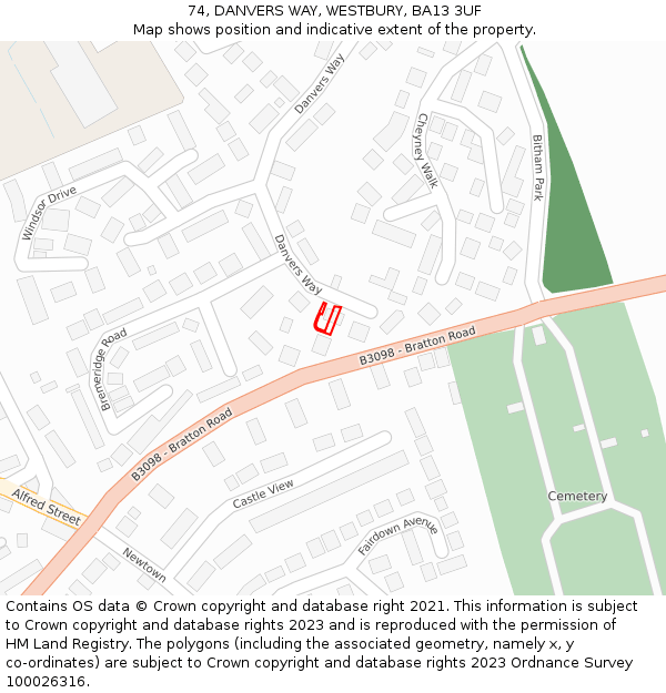 74, DANVERS WAY, WESTBURY, BA13 3UF: Location map and indicative extent of plot