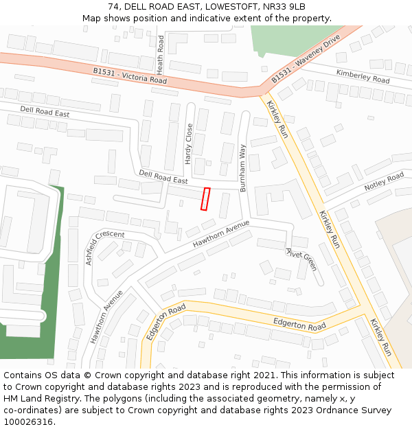 74, DELL ROAD EAST, LOWESTOFT, NR33 9LB: Location map and indicative extent of plot