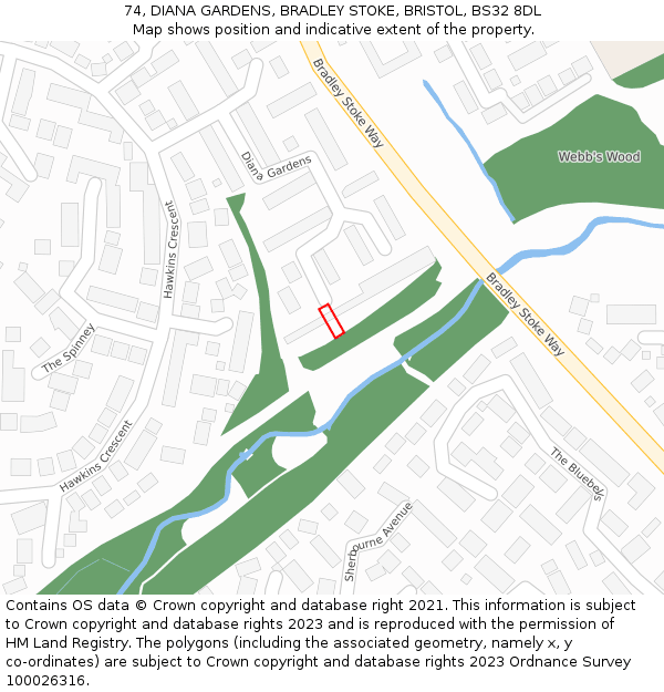 74, DIANA GARDENS, BRADLEY STOKE, BRISTOL, BS32 8DL: Location map and indicative extent of plot